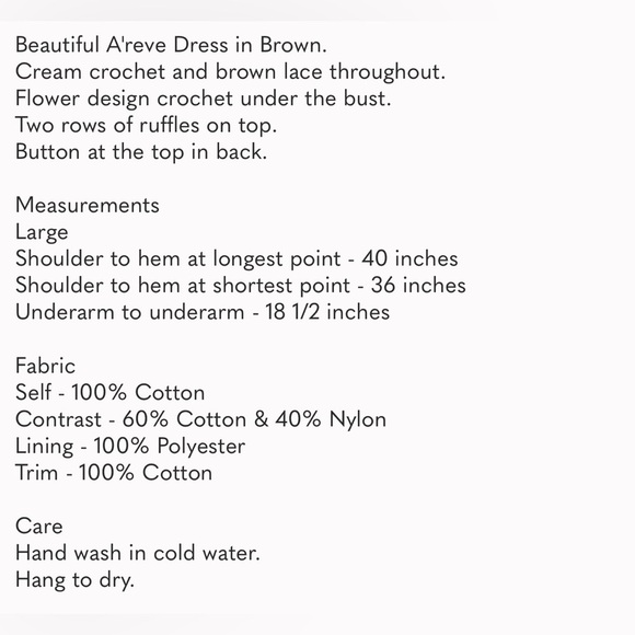 New Large  A’reve Dress in Brown w/ Cream Crochet & Lace - Picture 12 of 13